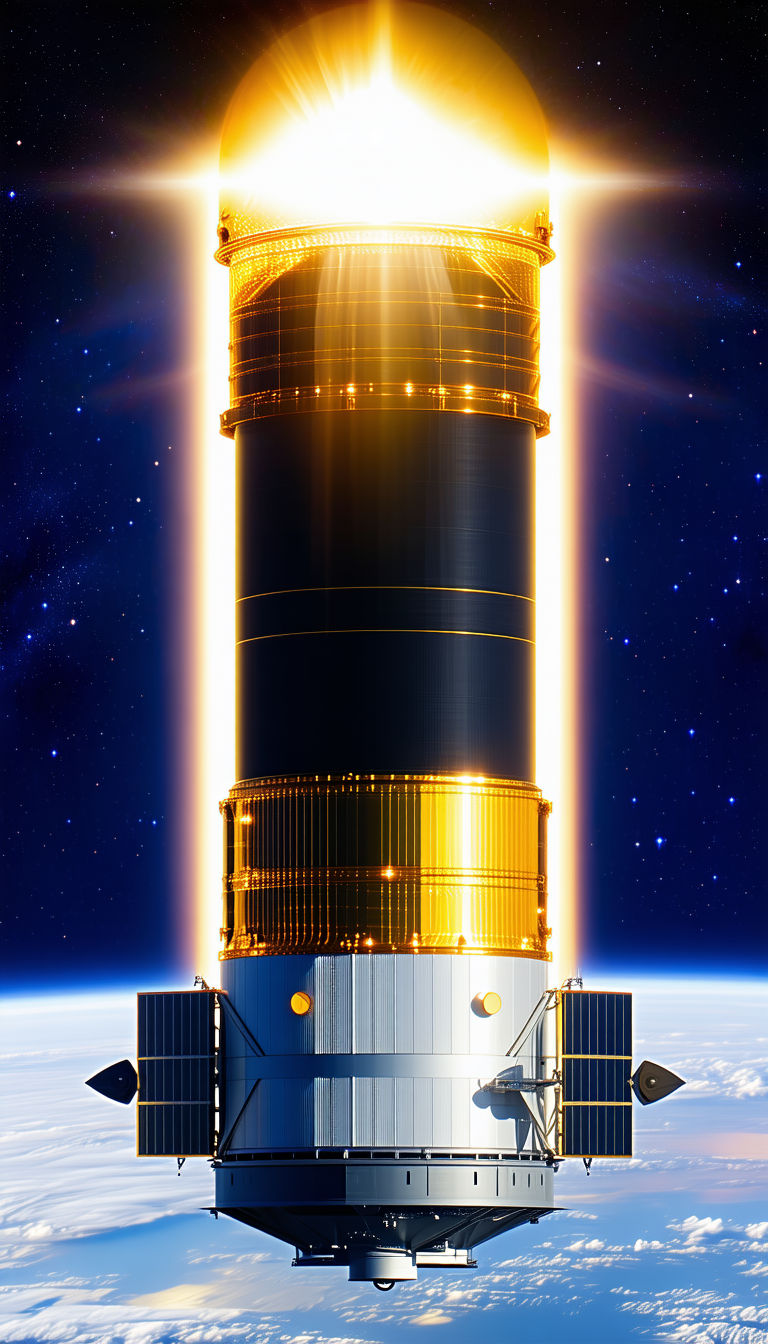 A Large, Shiny, And Gold-colored Spacecraft, Possibly A Rocket Or A Satellite, Floating In The Sky