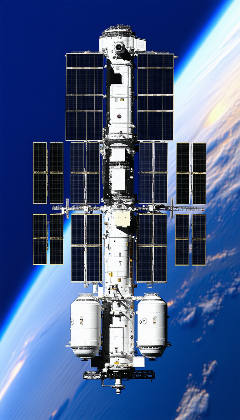 A Large Spacecraft With A White And Black Color Scheme, Docked In A Space Station
