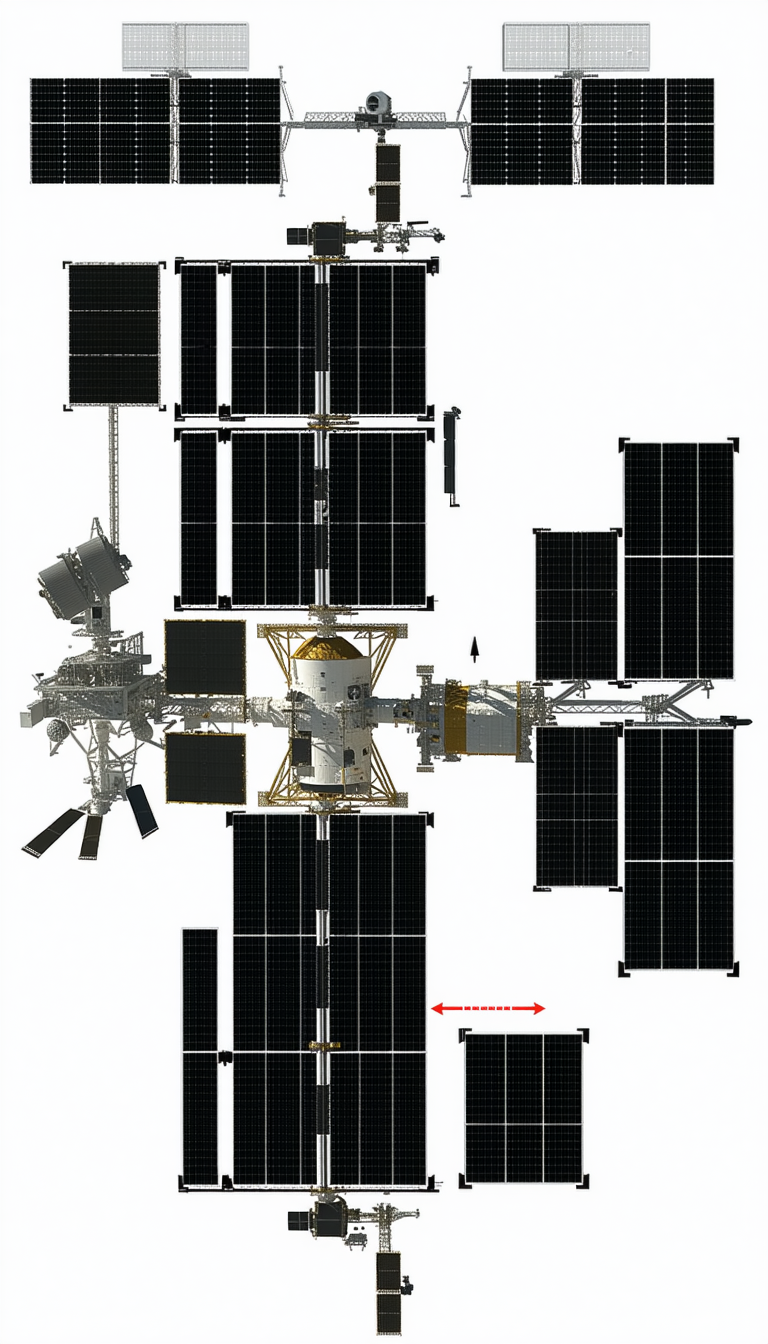 The Image Is A Detailed Illustration Of A Space Station, Showcasing Its Various Components
