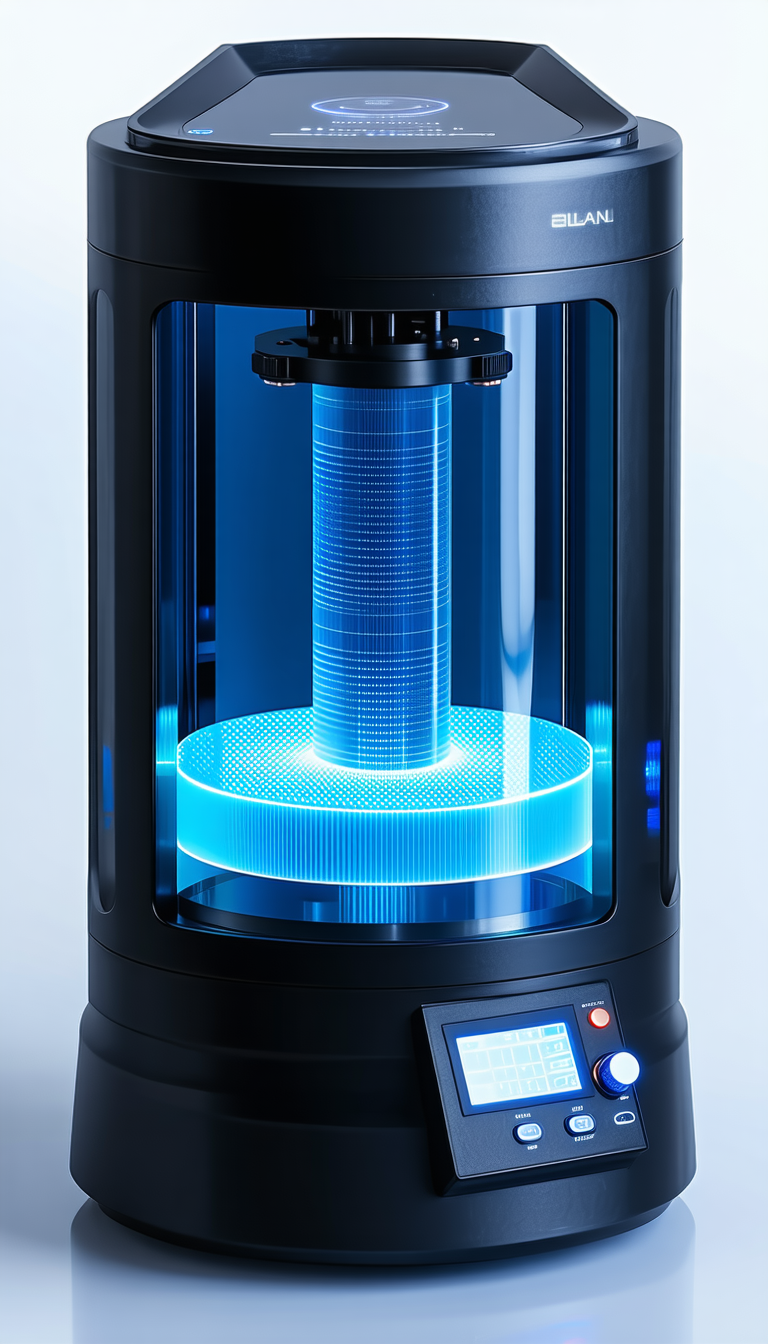 A Large Blue Machine Is Sitting On A White Surface