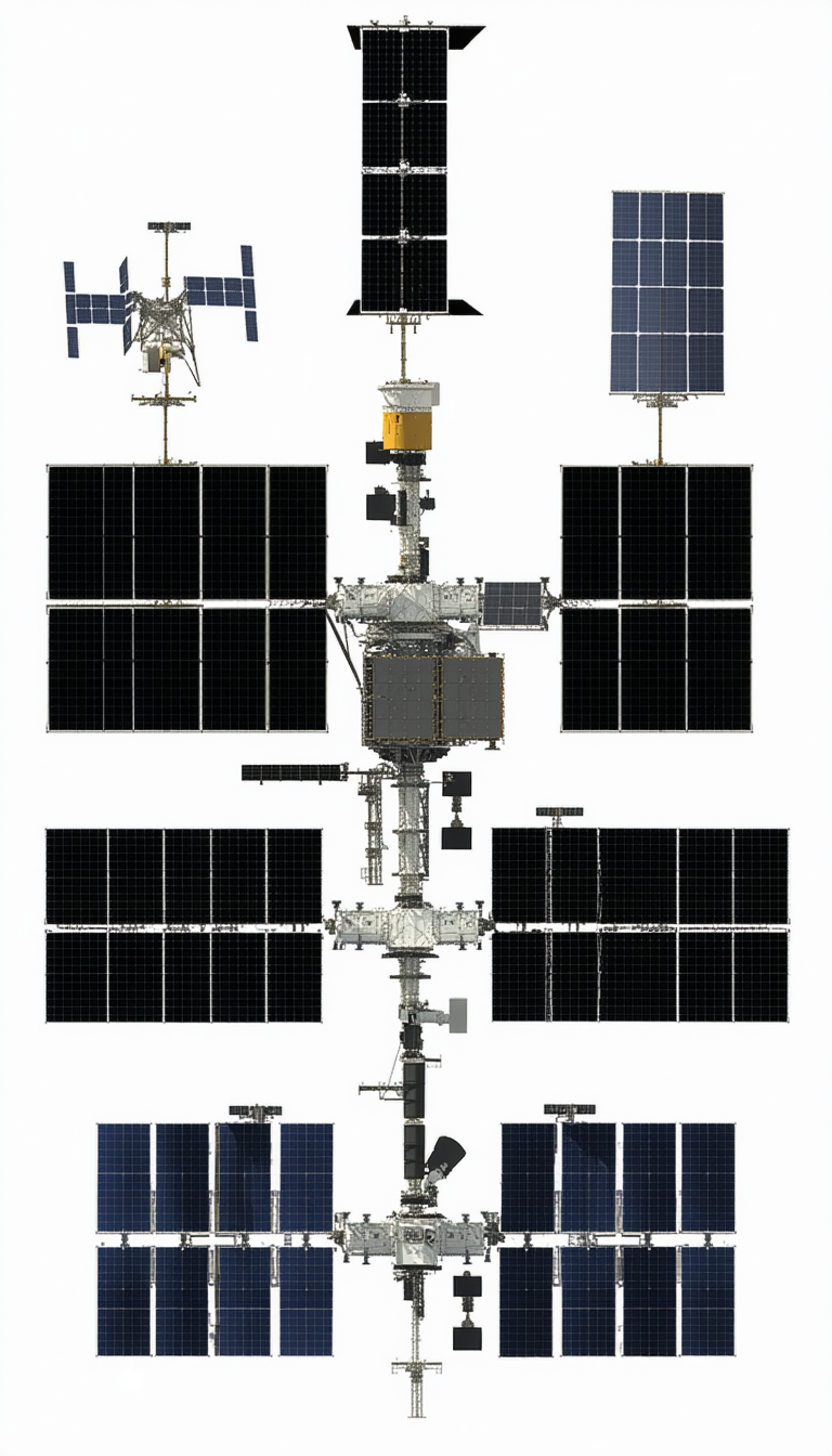 The Image Is A Detailed Illustration Of A Space Station, Showcasing Its Various Components