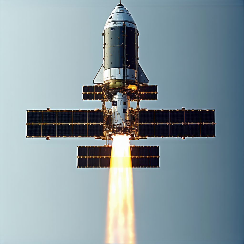 A Space Shuttle Is Seen In The Sky, With Its Engine On