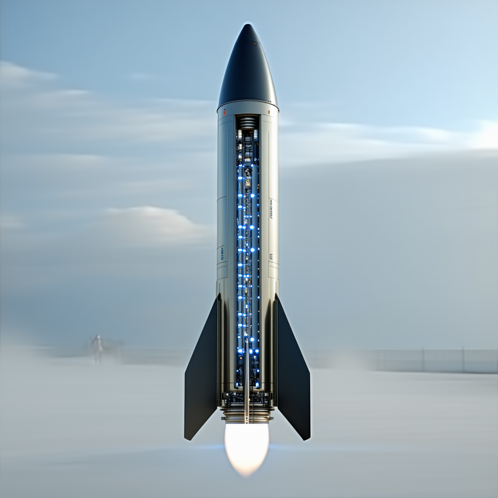 A Rocket Is Shown In A Close-up Shot, With Its Engine Lit Up