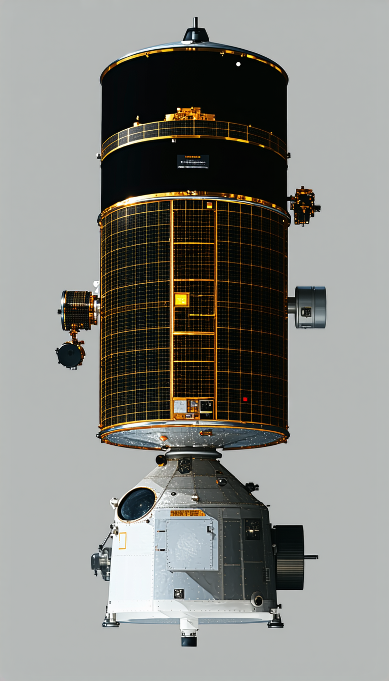 A Spacecraft Is Shown In A Close-up View, With Its Solar Panels And Other Components Clearly Visible
