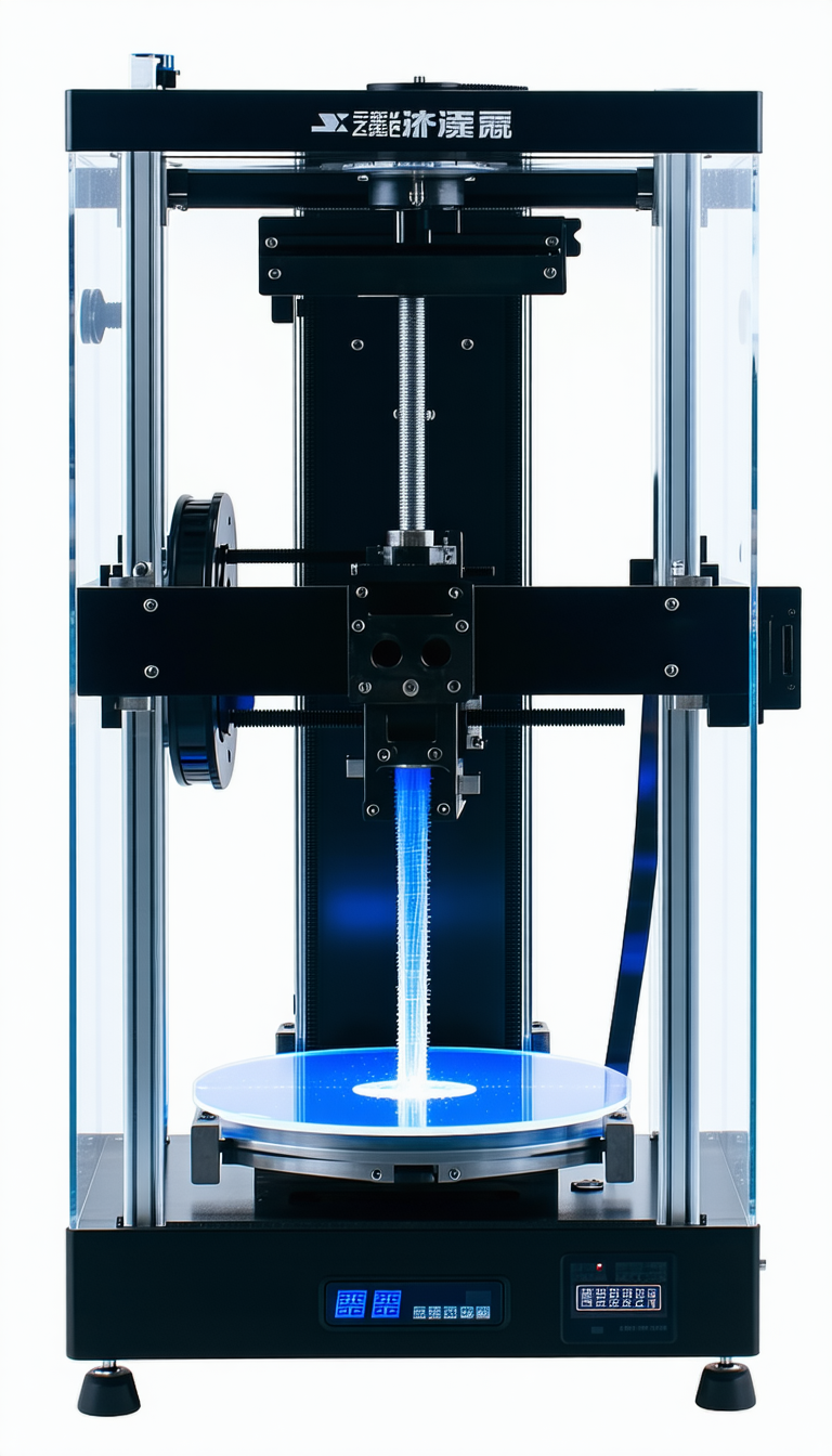 A Large, Blue-lit Machine With A Clear Glass Top