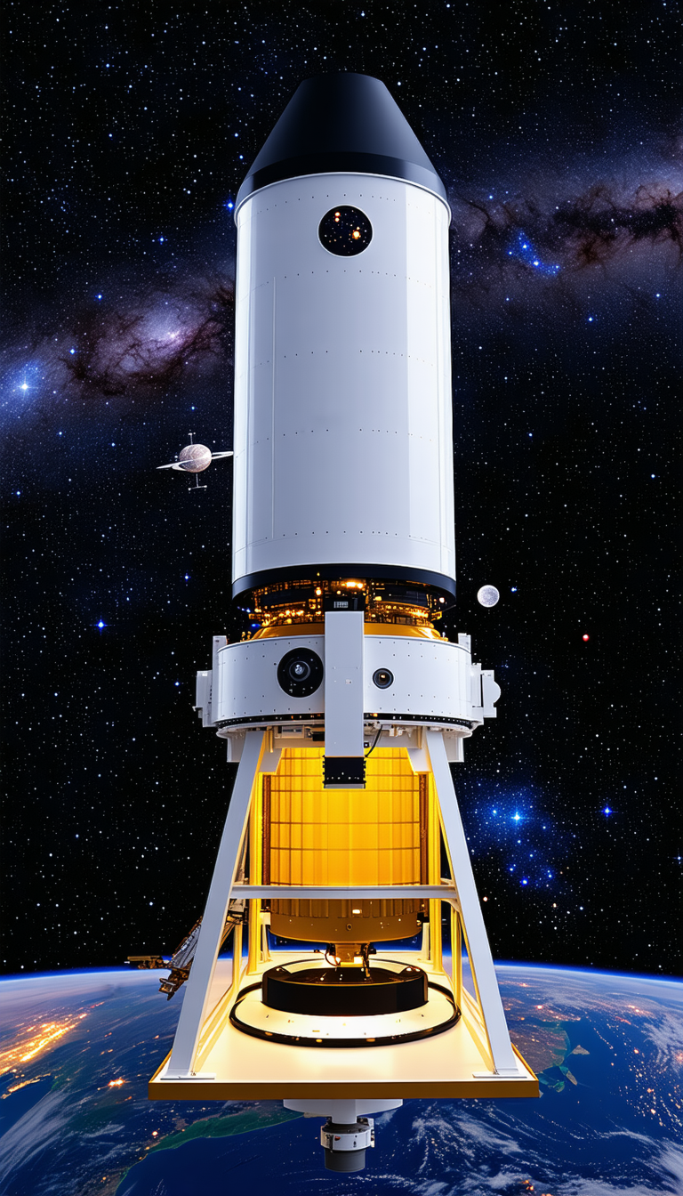 A Large White Spacecraft, Possibly A Space Station Or A Satellite, Floating In The Vastness Of Space