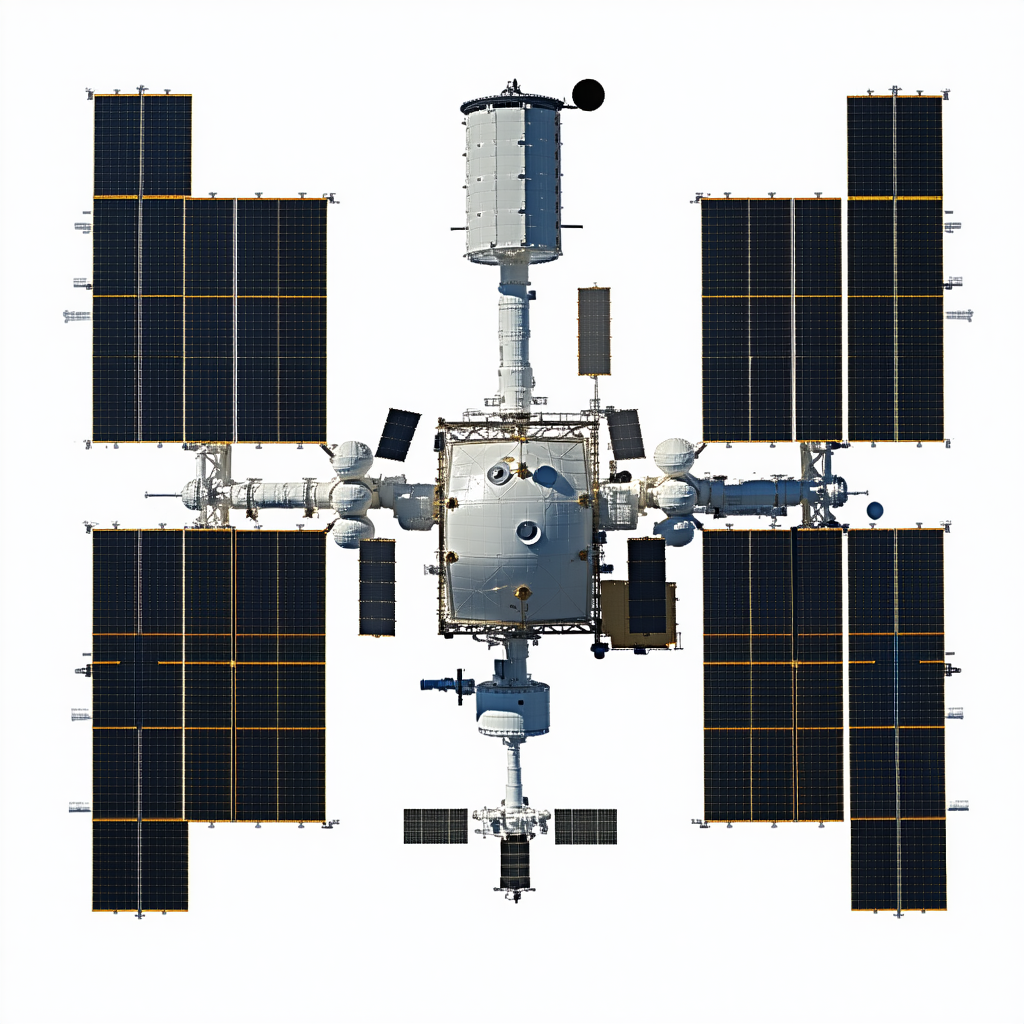 The Image Is A White And Black Illustration Of A Space Station