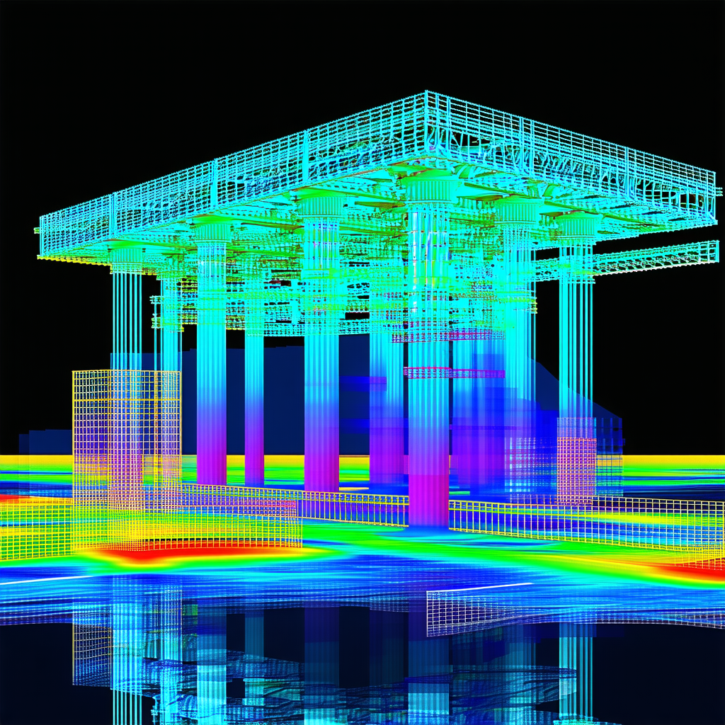 The Image Is A 3d Model Of A Building, Likely A Bridge, With A Blue Background