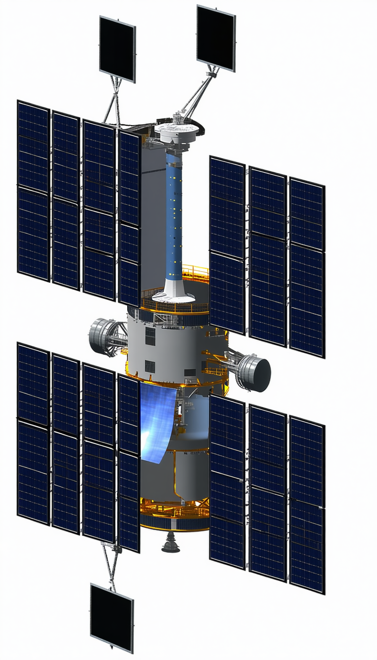A Space Station Is Shown In A Drawing, With A Large Satellite On Top Of It