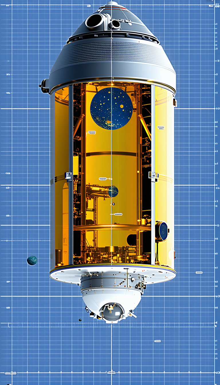 A Large Spacecraft Is Shown In A Blue And White Drawing