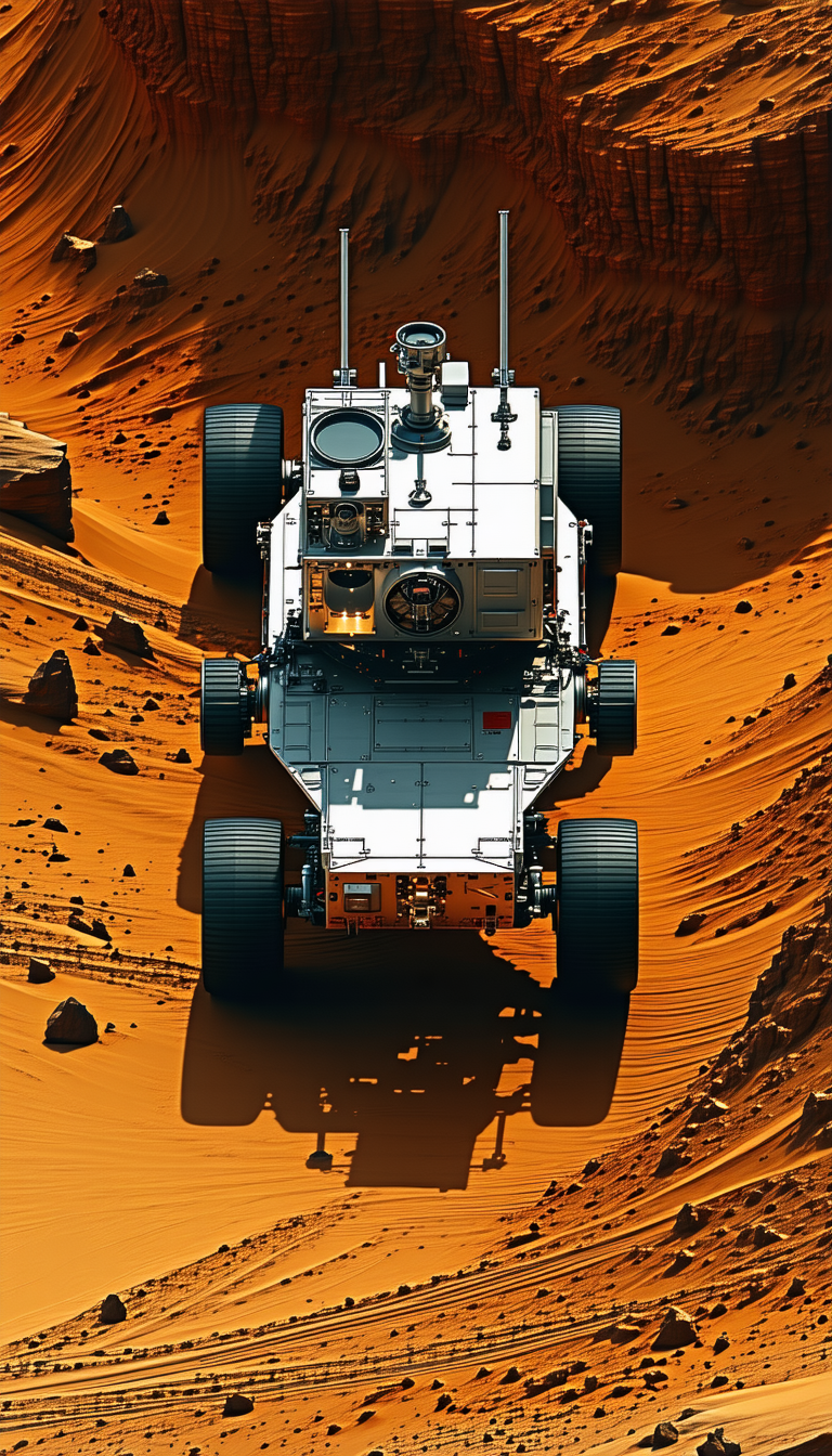 A Large White Vehicle, Possibly A Tank Or A Rover, Driving On A Dirt Road