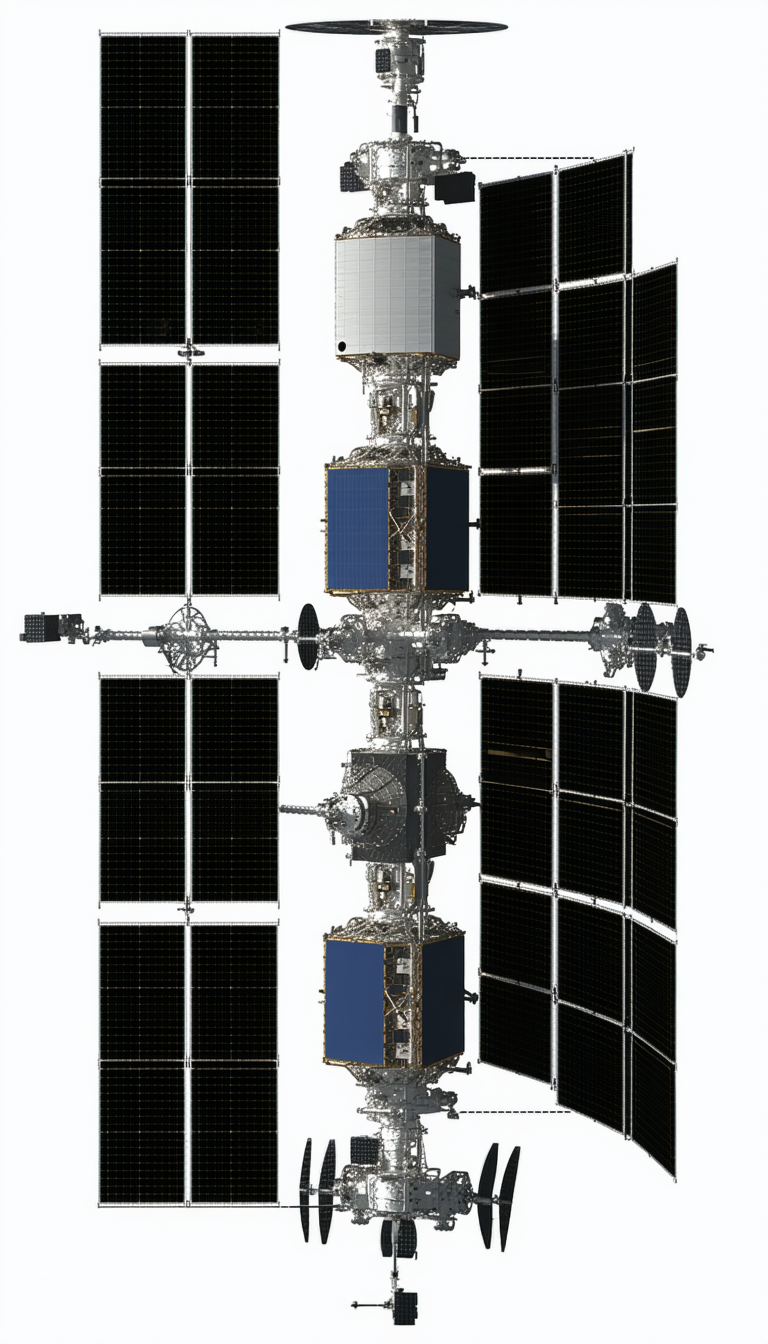 A Large Space Station Is Shown In A White And Blue Color Scheme