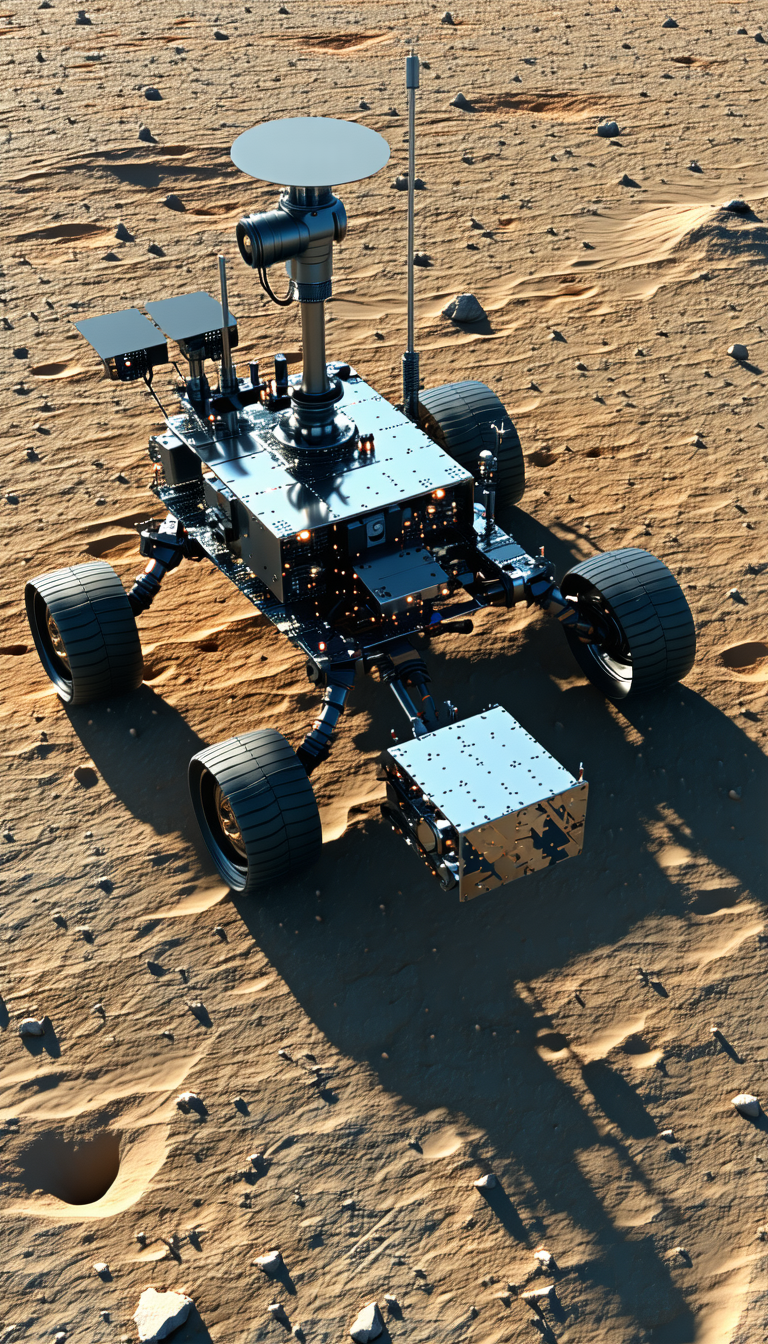 A Robotic Vehicle Is Sitting On A Dirt Surface, Possibly A Desert
