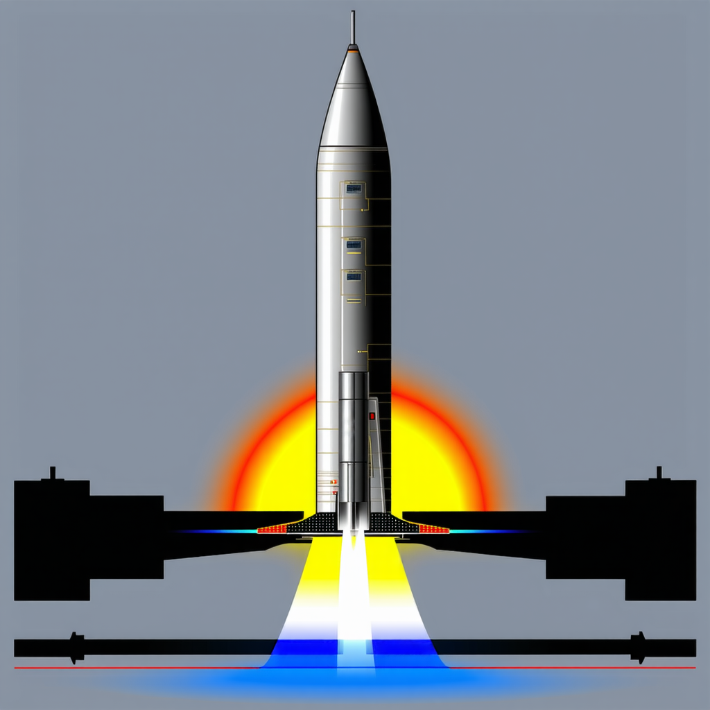 A Rocket Is Shown In A Blue Sky, With A Yellow Sun In The Background