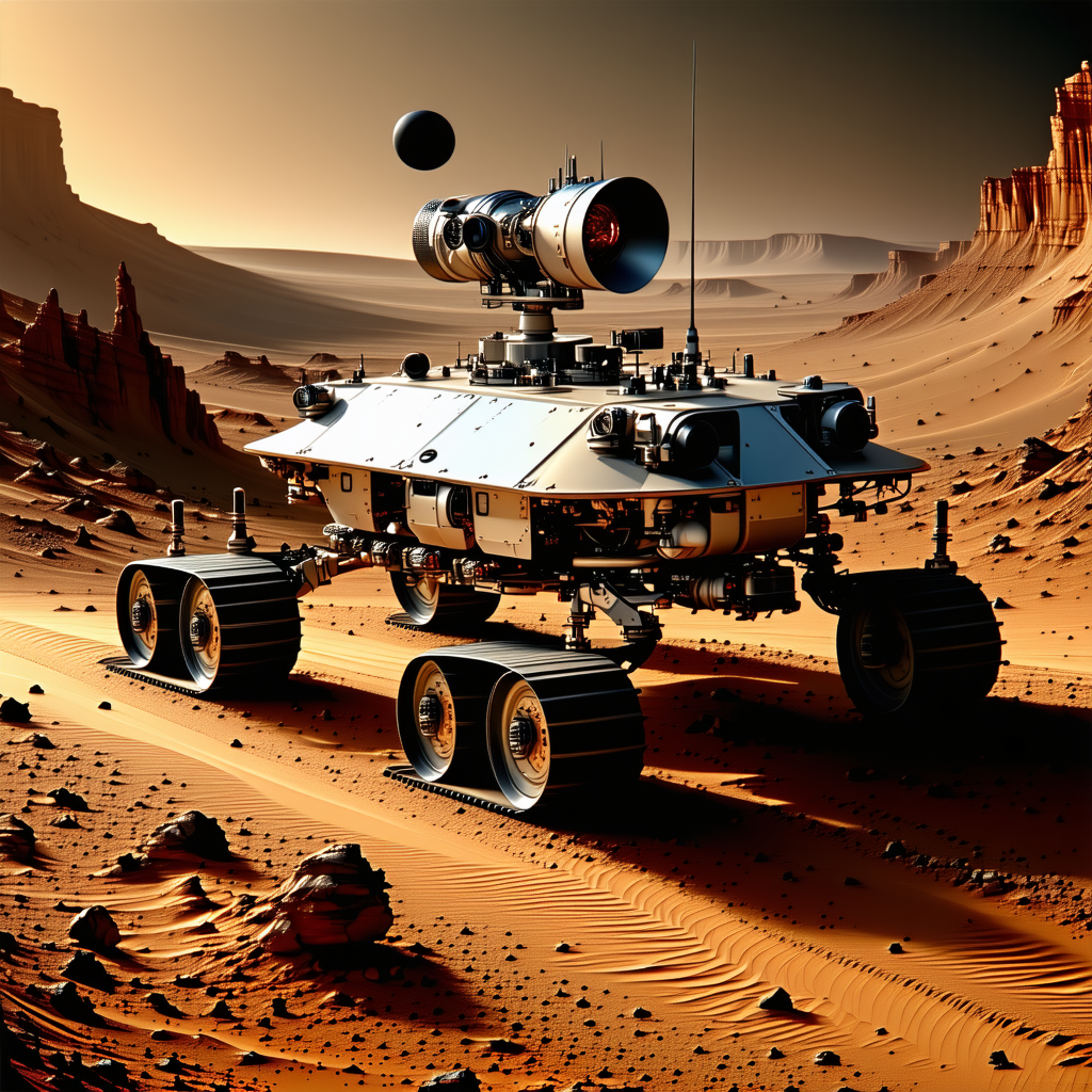 A Futuristic Robotic Vehicle With A Large Dome On Top, Driving Across A Desert-like Terrain