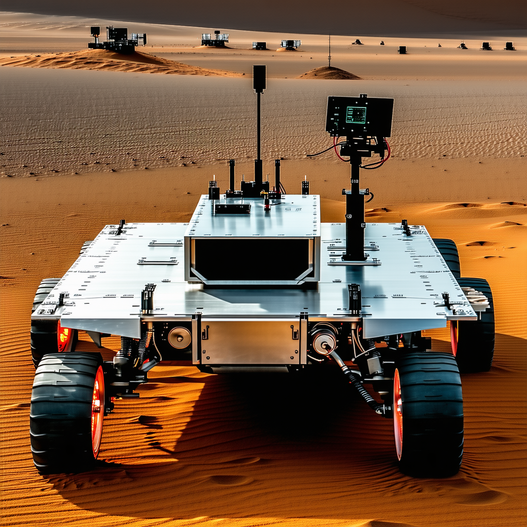 A Large, White, Four-wheeled Vehicle, Possibly A Robot Or A Rover, Driving Across A Sandy Terrain