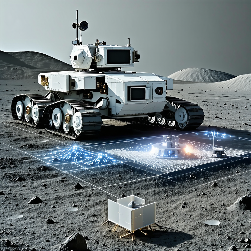 A White Robotic Vehicle Is Parked On A Rocky Surface, Possibly On The Moon
