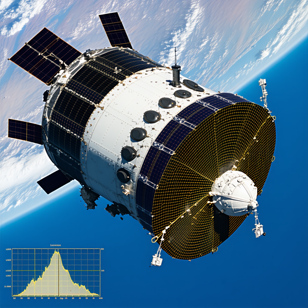 A Large Spacecraft Is Flying Through The Sky, With A Blue Background And A Yellow And Black Front