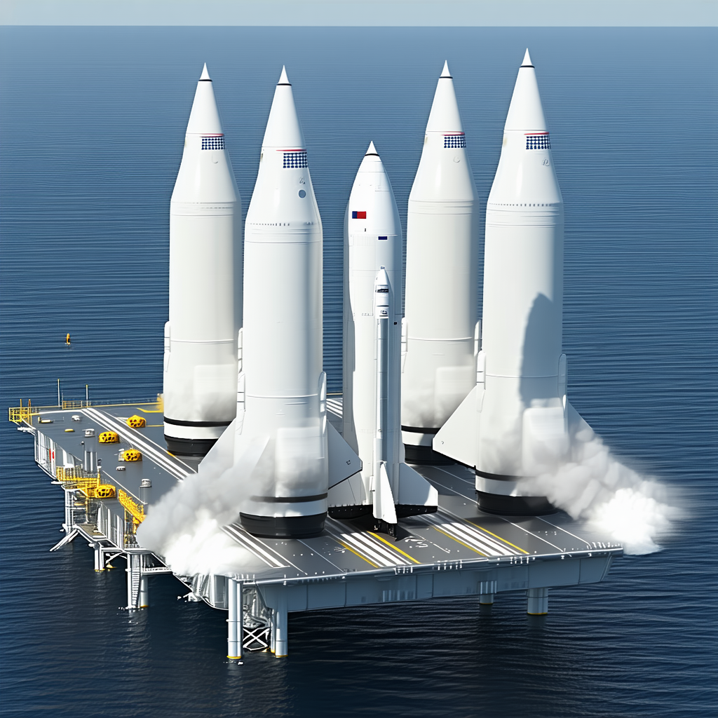 A Large White Rocket Ship Floating On Top Of A Platform In The Ocean