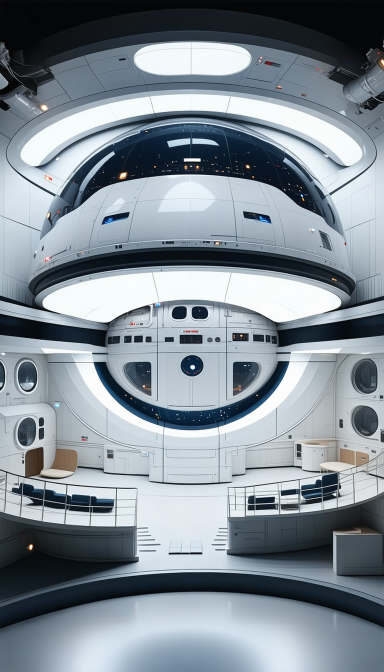 A Futuristic Space Station With A Large, Open Room Filled With Various Pieces Of Furniture