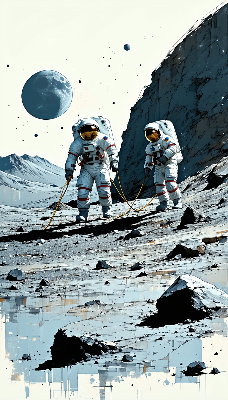 In The Image, There Are Two Astronauts Standing On A Rocky Surface, Possibly On The Moon