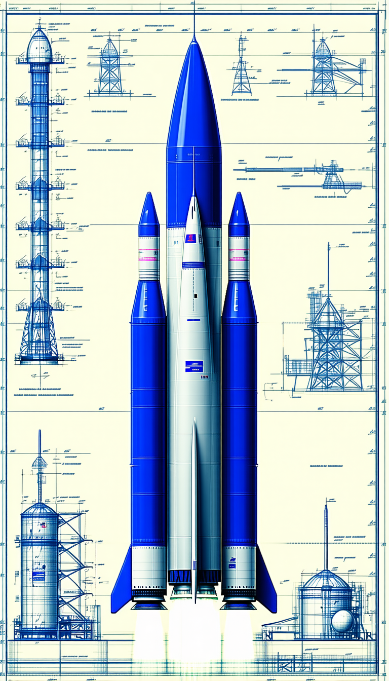 A Blue Rocket Ship Is Shown In A Drawing, With A Smaller Rocket Ship Attached To The Side