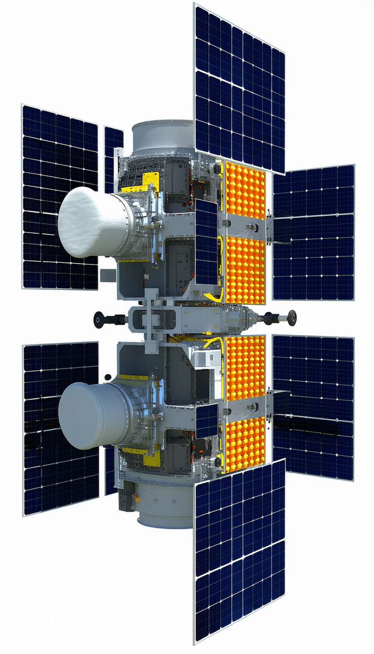 A Large Spacecraft Is Shown In A White And Blue Color Scheme