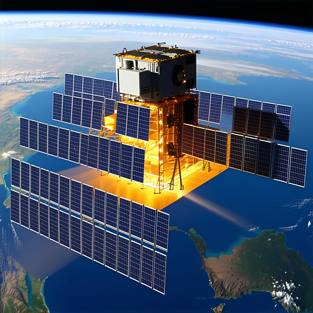 A Large Satellite With A Solar Panel On Top, Floating In The Sky