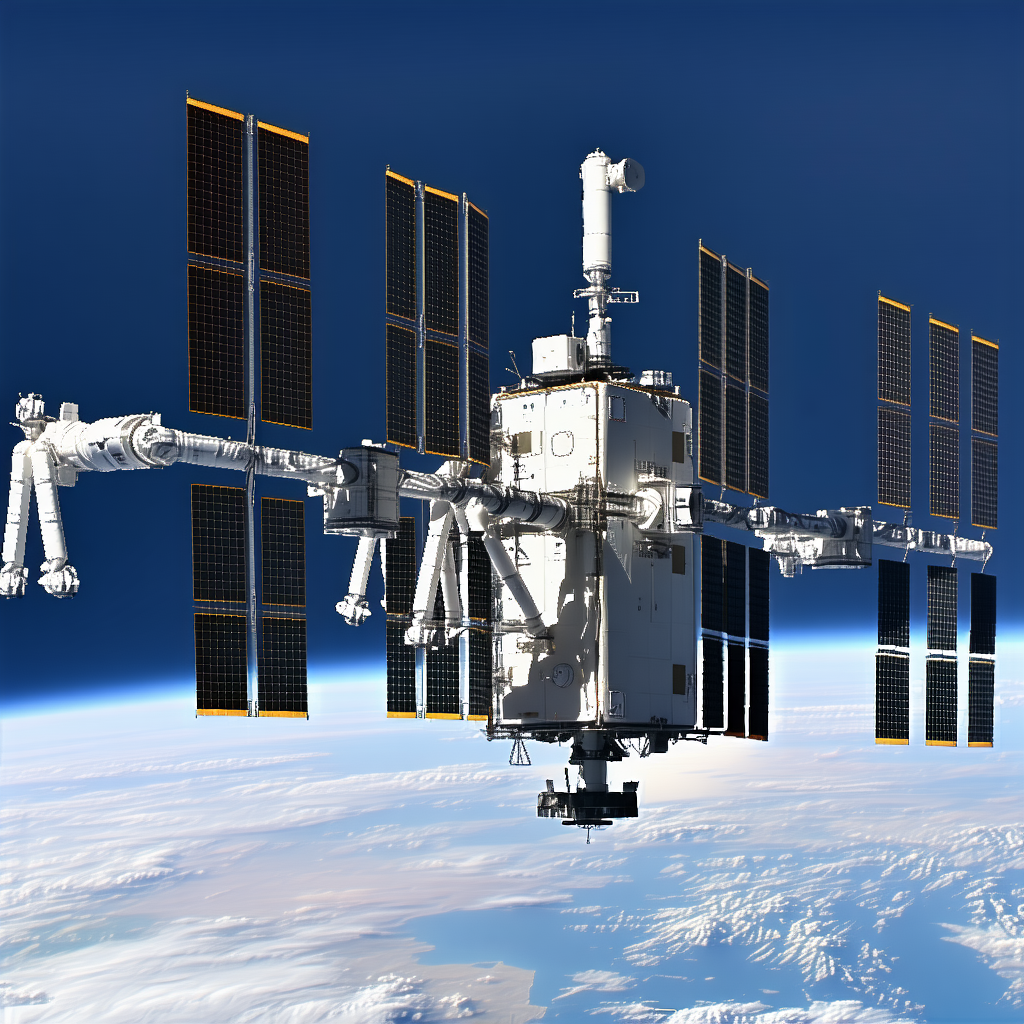 A Large Spacecraft With A White And Yellow Exterior, Floating In The Sky