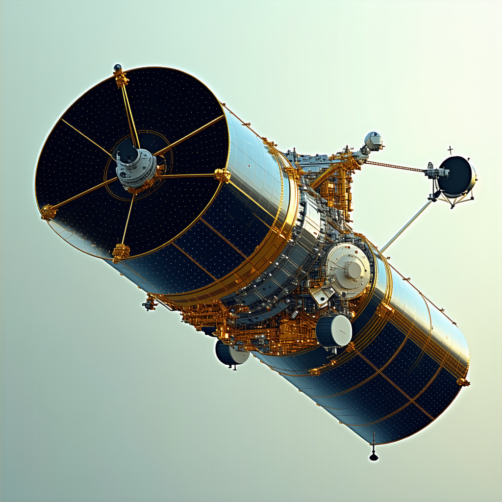 A Large Spacecraft With A Blue And Gold Color Scheme