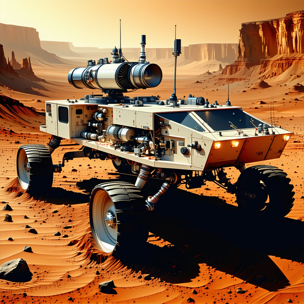 A Futuristic Vehicle, Possibly A Tank Or A Rover, Parked On A Dirt Surface