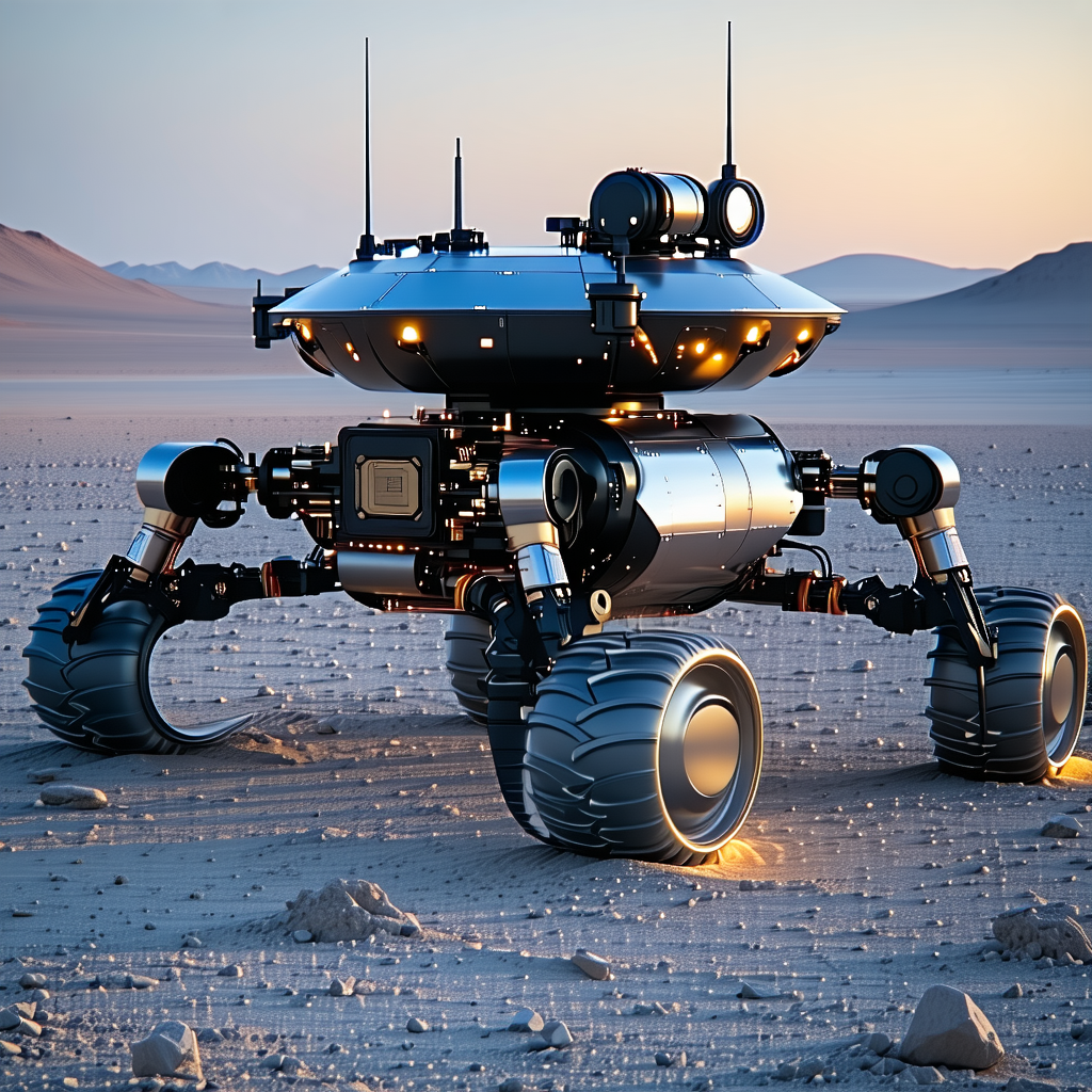 A Robotic Vehicle Is Sitting On A Rocky Surface, Possibly A Desert