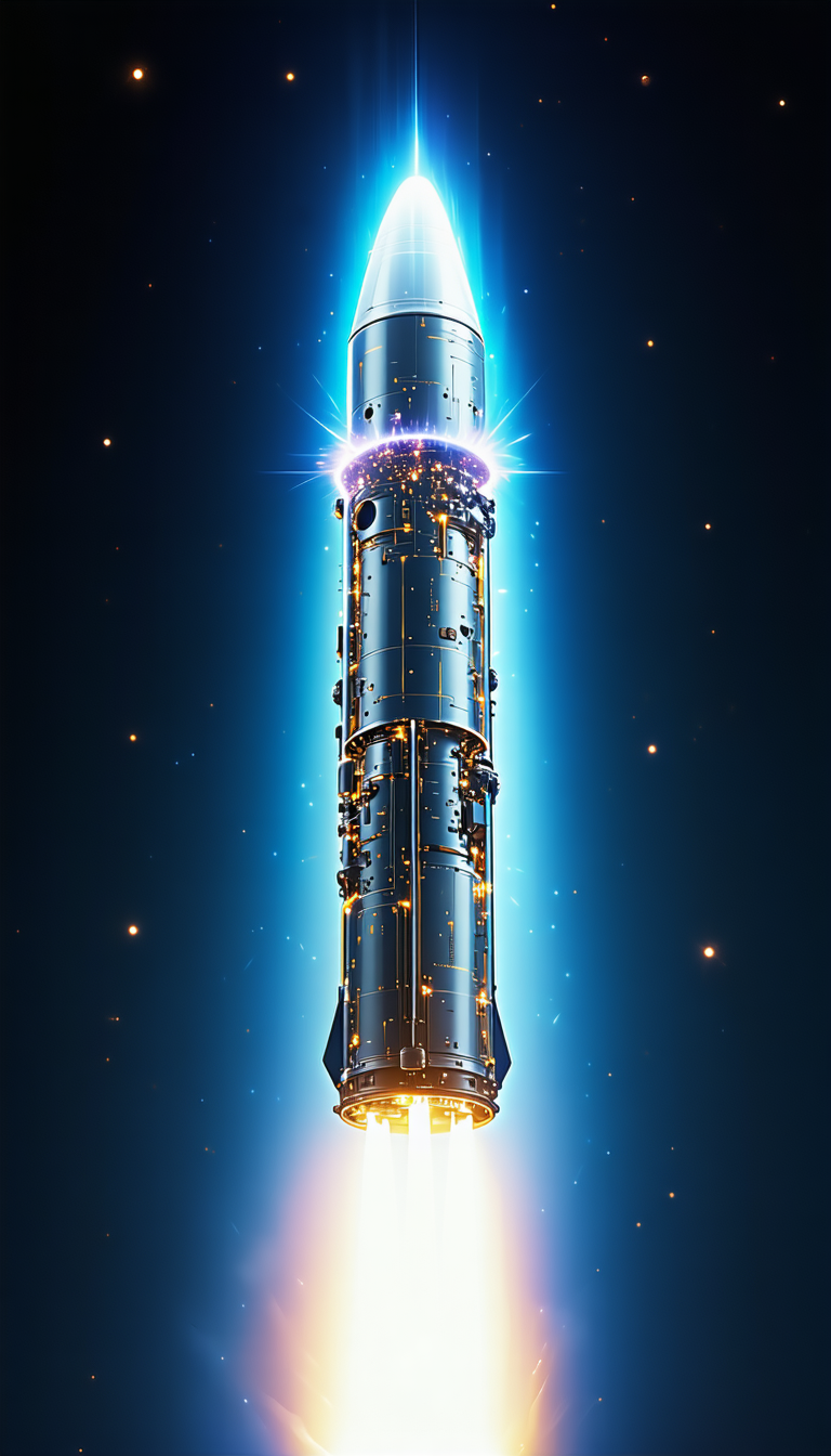 A Rocket Ship Is Shown In A Blue Background, With A Bright Light Shining On It