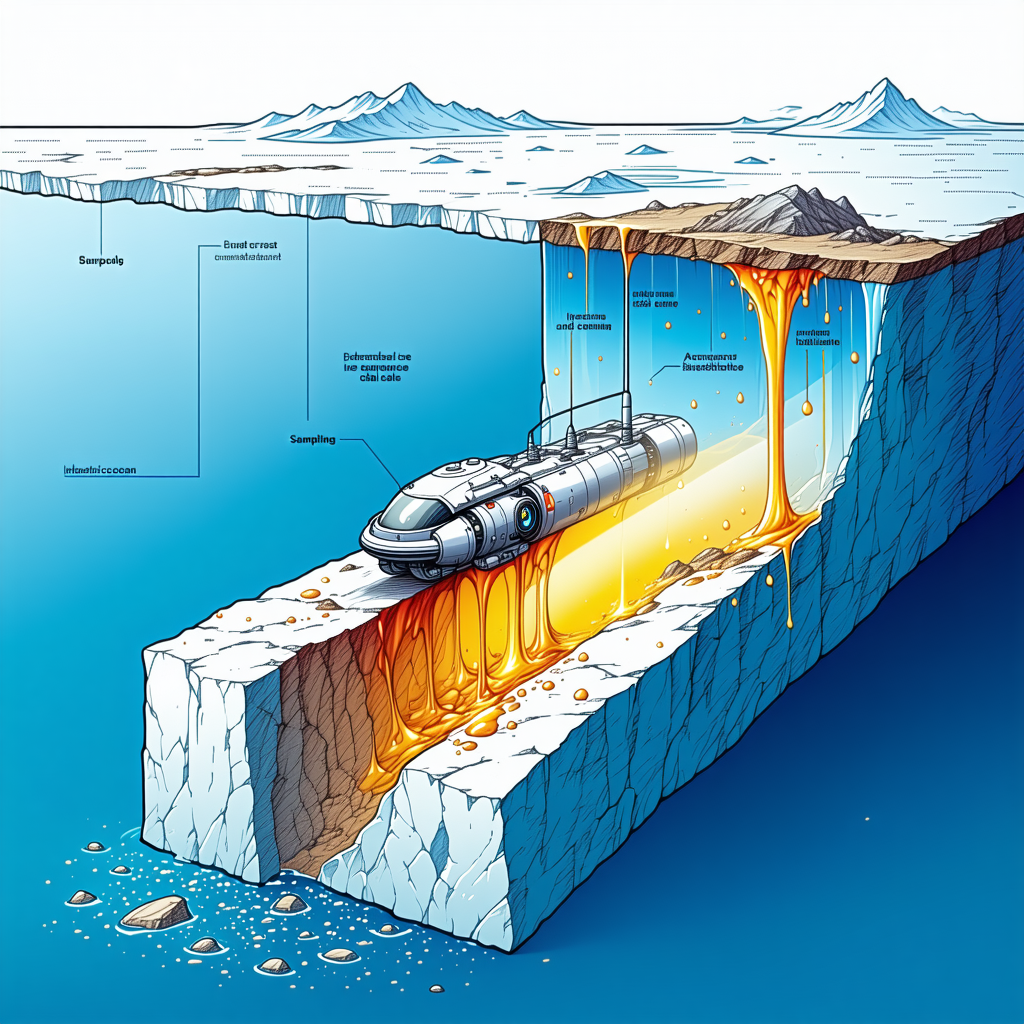 A Submarine Is Shown In A Cartoon Drawing, Traveling Through A Frozen Area