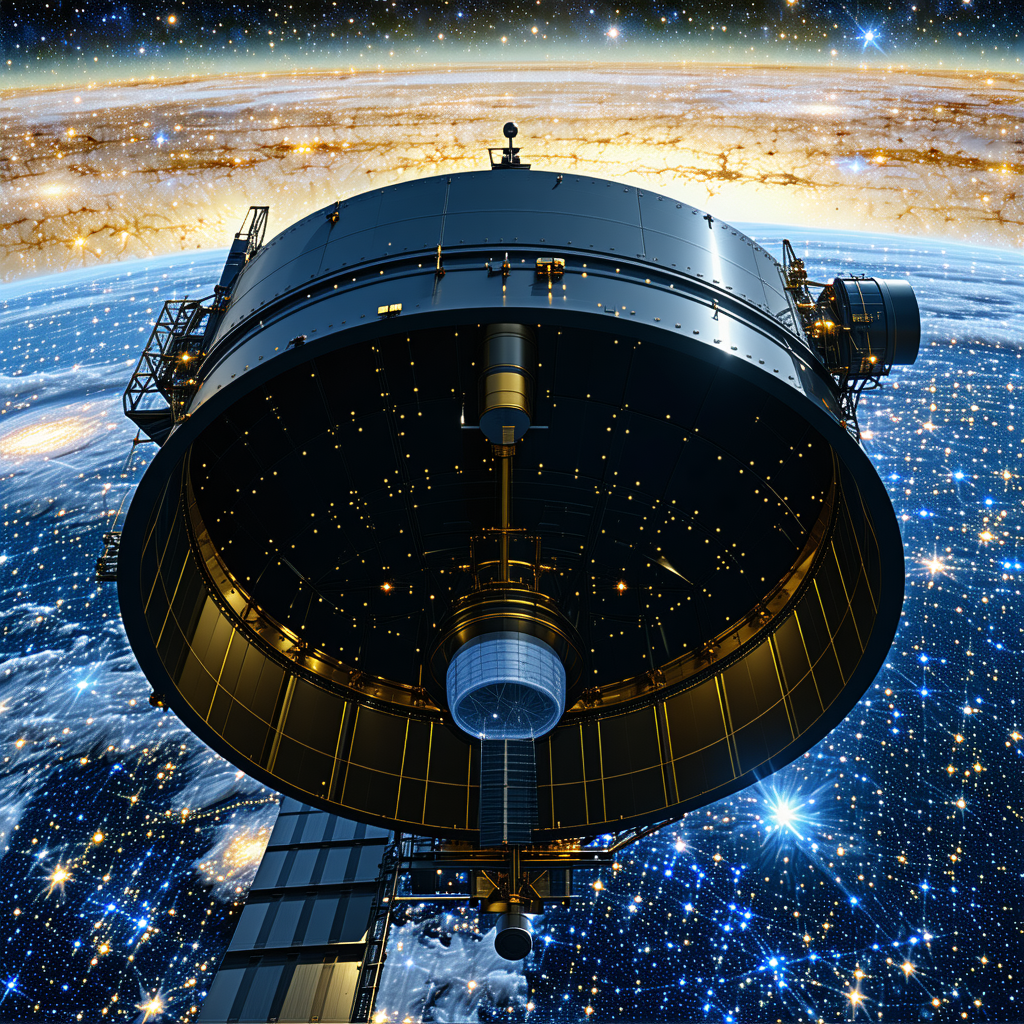 A Large Satellite Dish With A Black Dome On Top, Located In The Middle Of The Scene