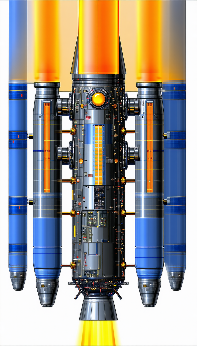 A Large, Futuristic Spacecraft Is Shown In A Blue And Orange Color Scheme