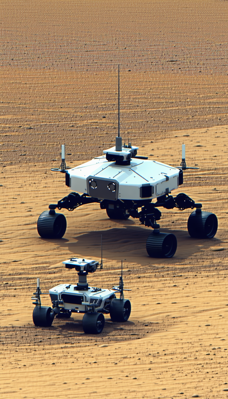 A Large White Robotic Vehicle With A Satellite Dish On Top, Standing In A Desert-like Environment