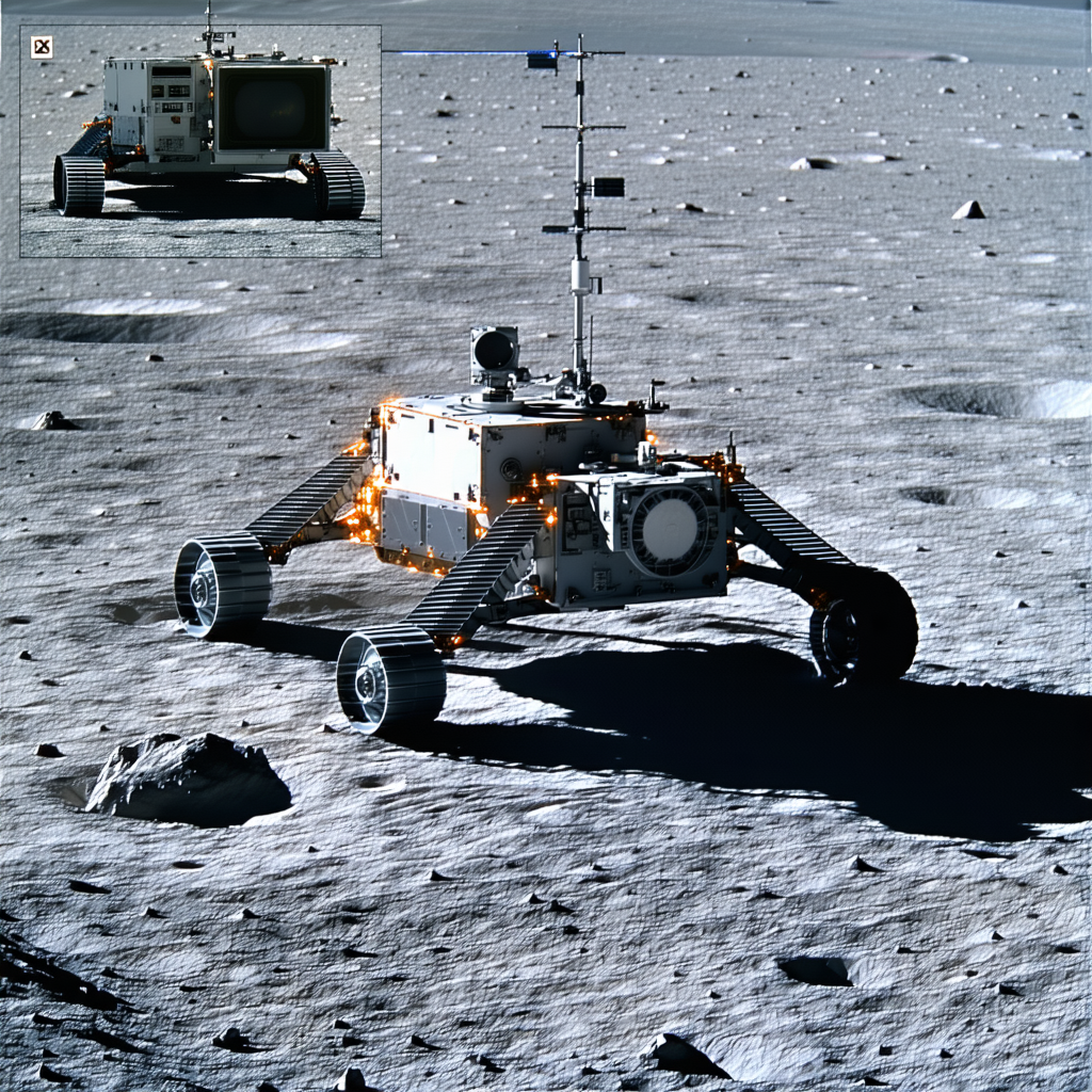 A White Robotic Vehicle Is Sitting On A Rocky Surface, Possibly On The Moon