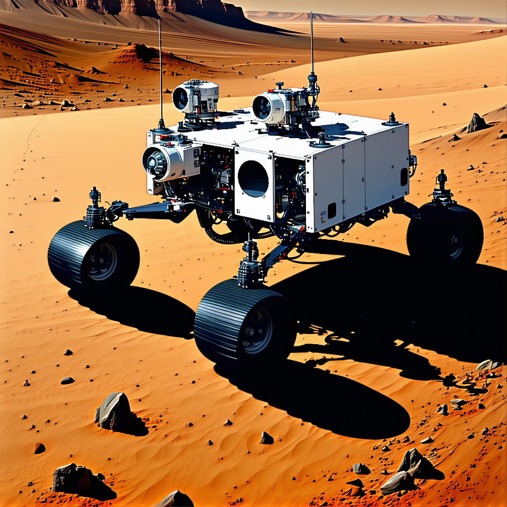 A Large Robotic Vehicle, Possibly A Tank, Driving Across A Desert Landscape