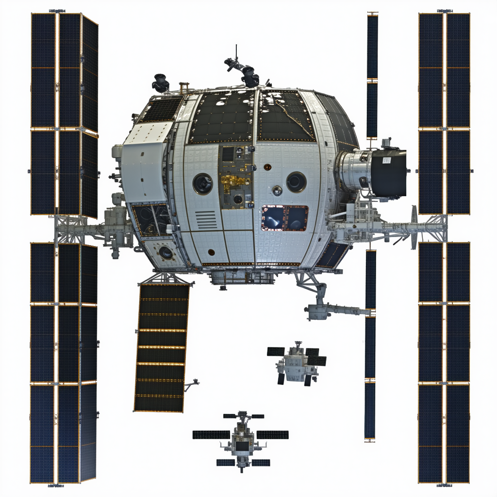 A Large Spacecraft Is Shown In A White And Blue Color Scheme