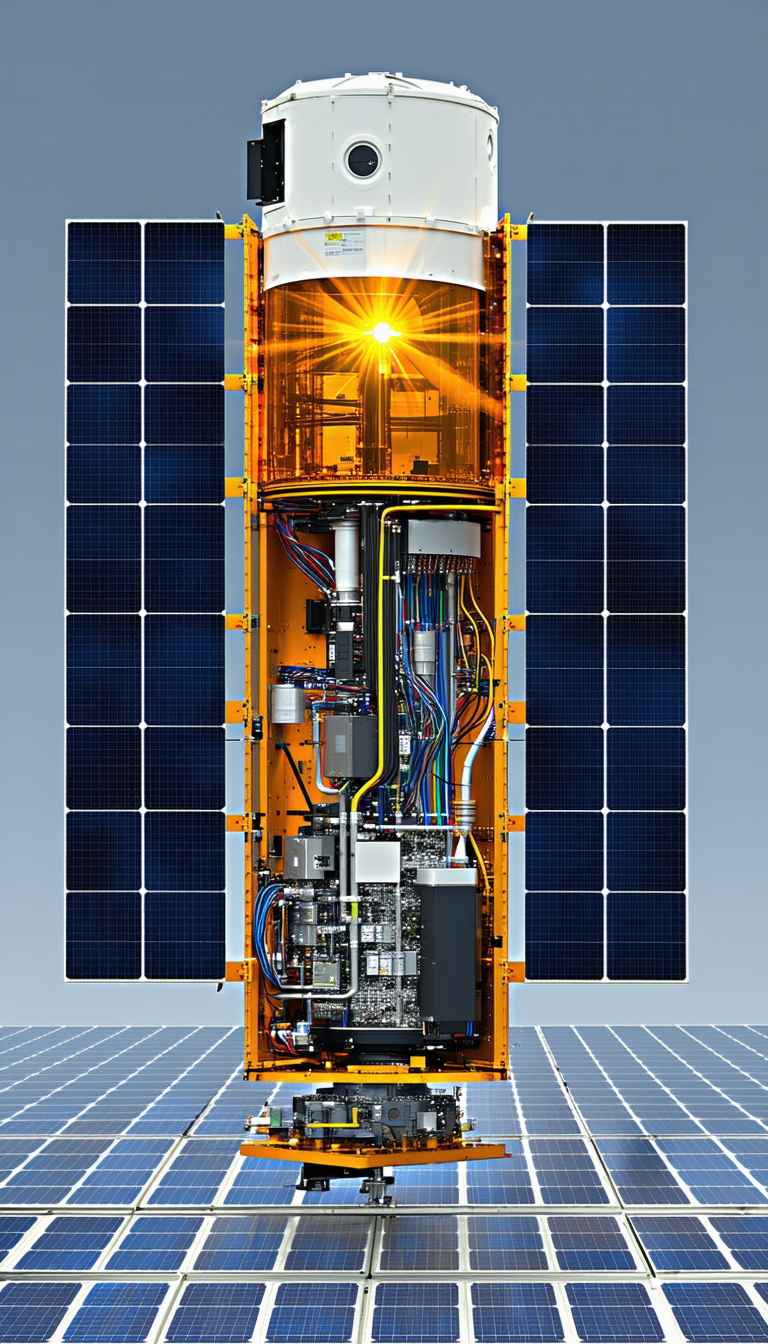 A Large, Orange Structure With A Solar Panel On Top