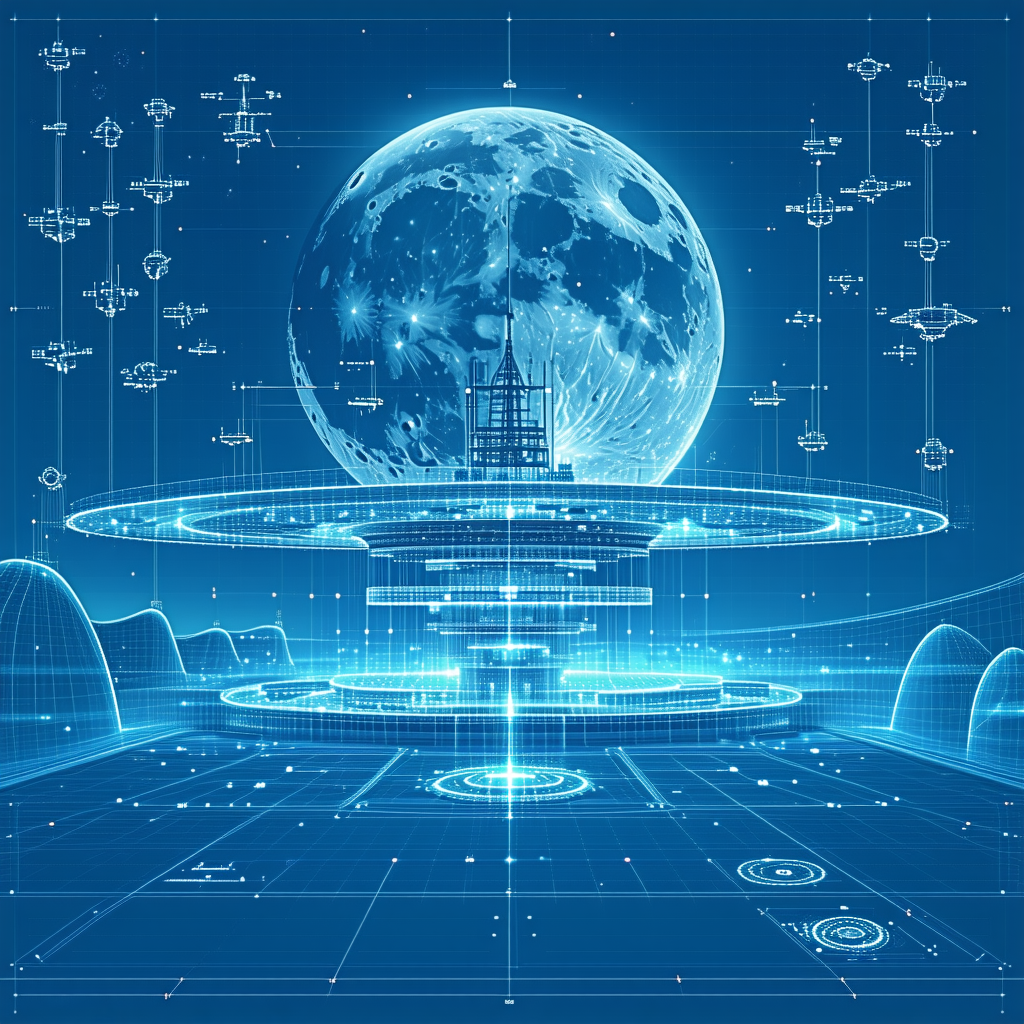 A Blue And White Drawing Of A Moon And A Space Station Is Displayed