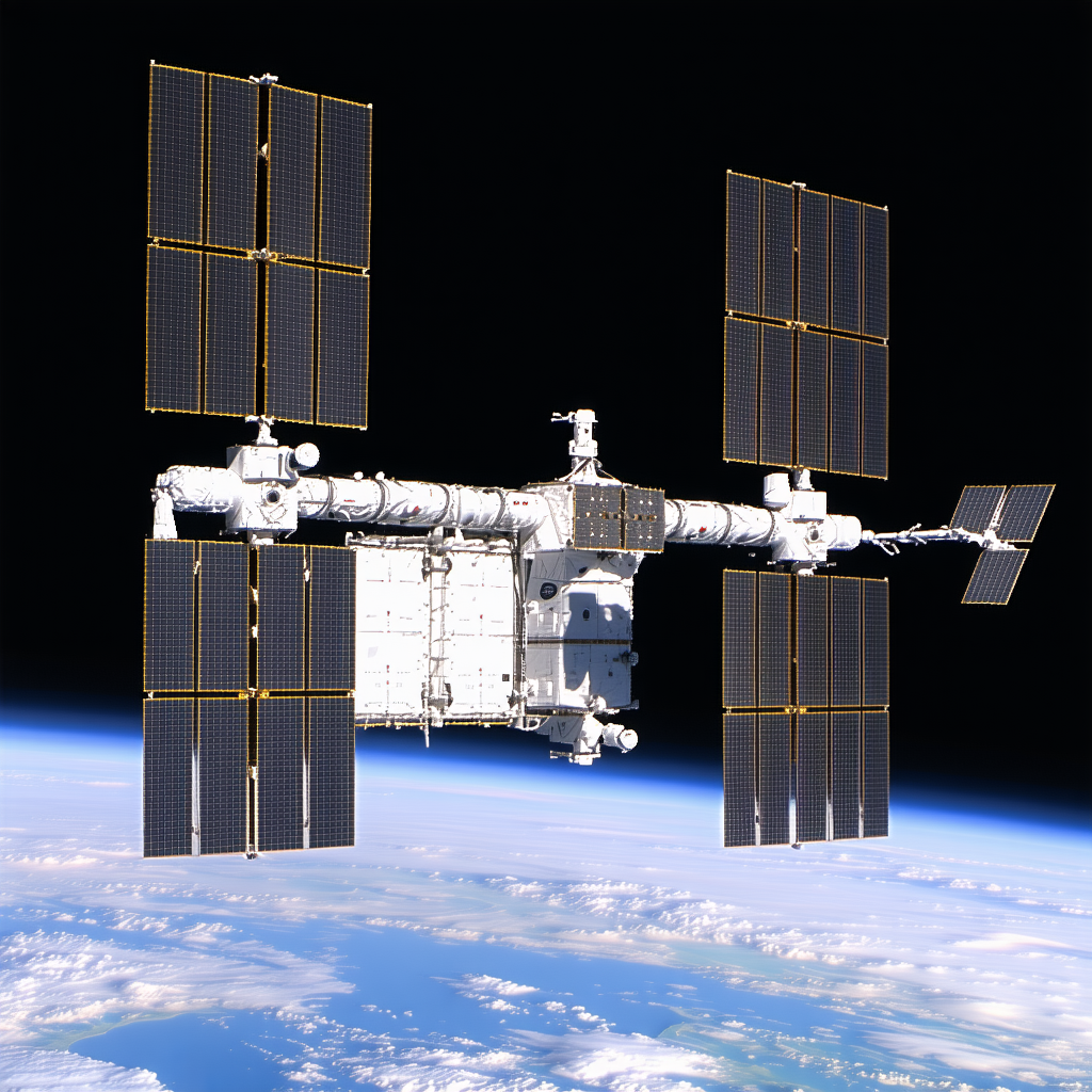 A Large Spacecraft With A White And Black Color Scheme, Floating In The Sky