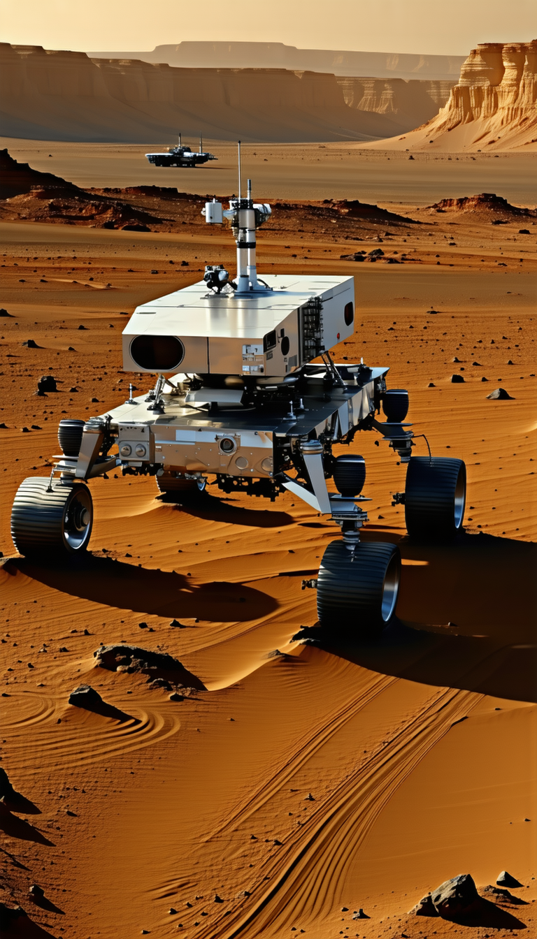 A Large Robotic Vehicle, Possibly A Rover, Driving Across A Sandy Terrain