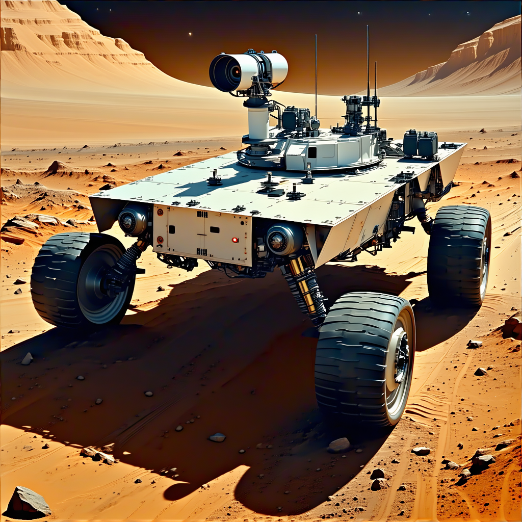 A Futuristic Vehicle Is Parked On A Rocky Surface, Possibly On Mars