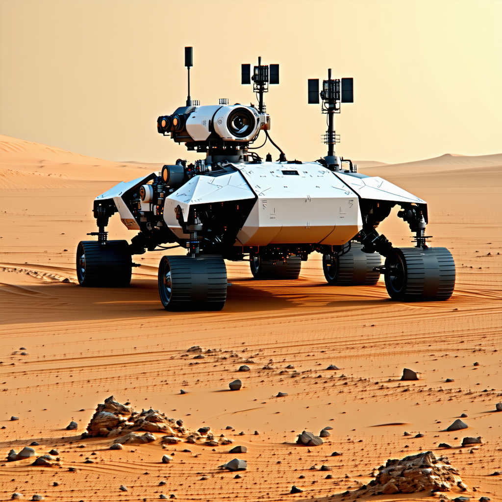 A Large Robotic Vehicle Is Driving Across A Sandy Terrain