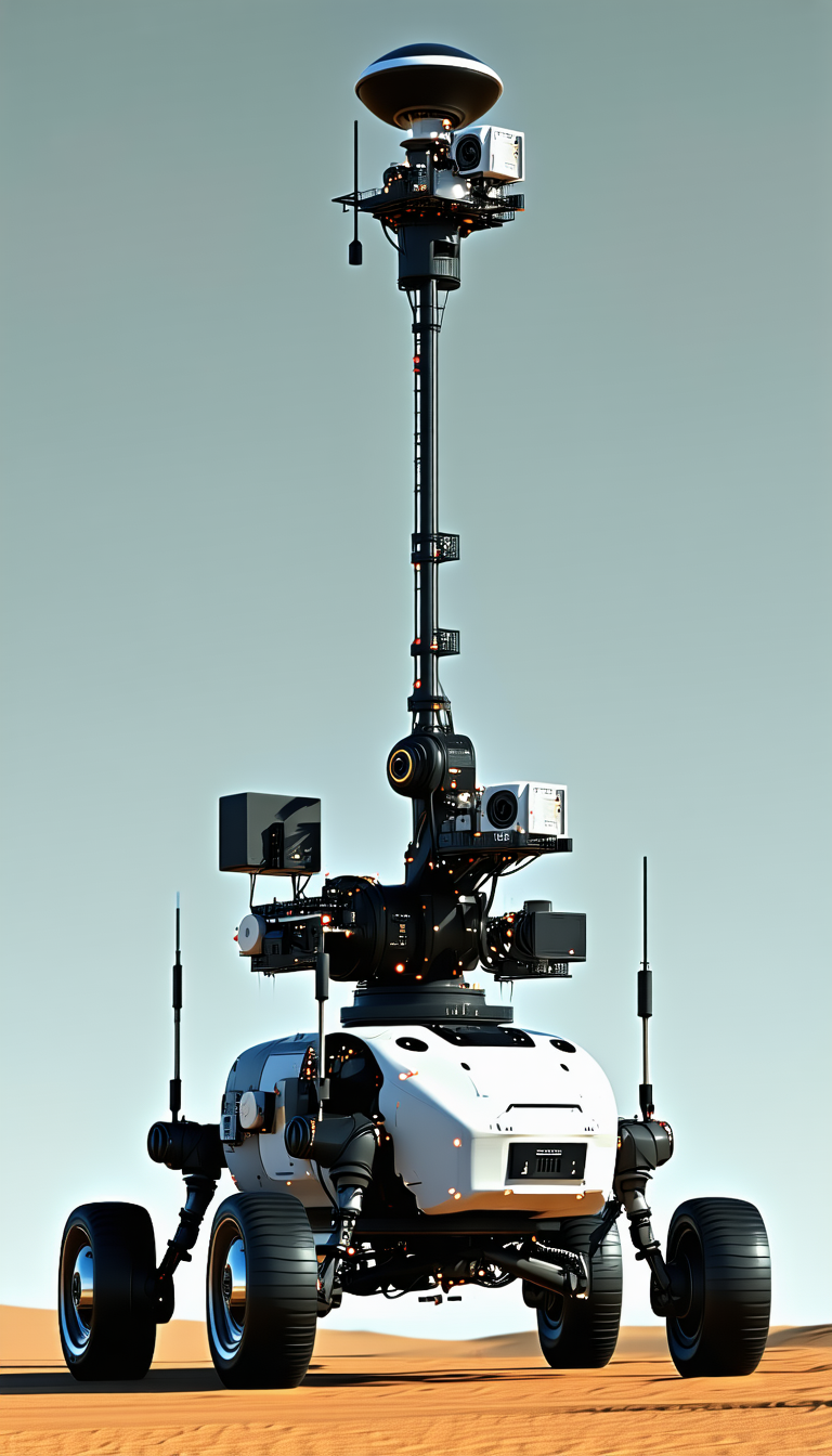 A White Robot Is Standing On A Flat Surface, With A Camera Mounted On Top Of It