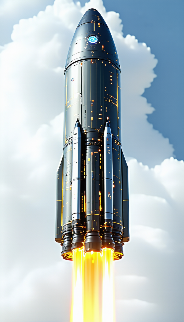 A Rocket Is Shown In A Close-up View, With Its Engine Lit Up