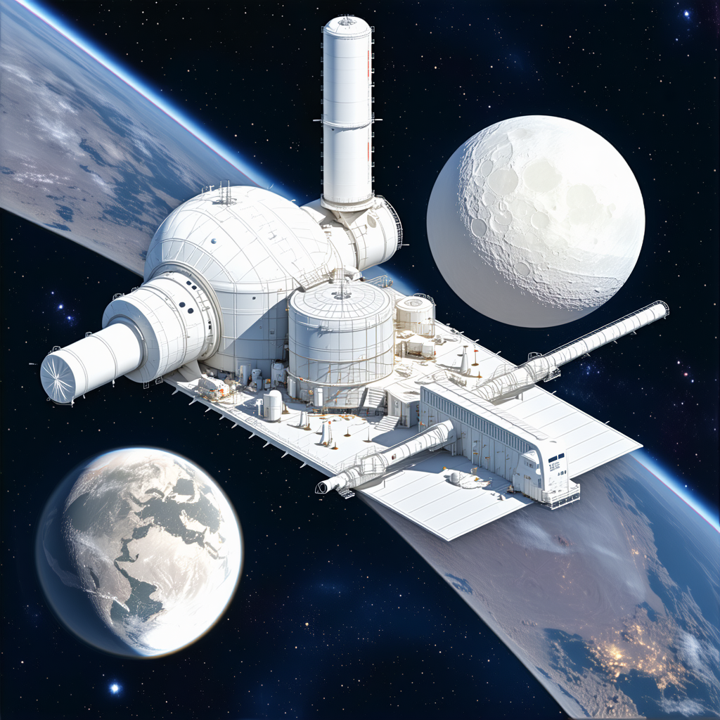 A Large Space Station With A Dome-shaped Structure, Surrounded By Three Planets