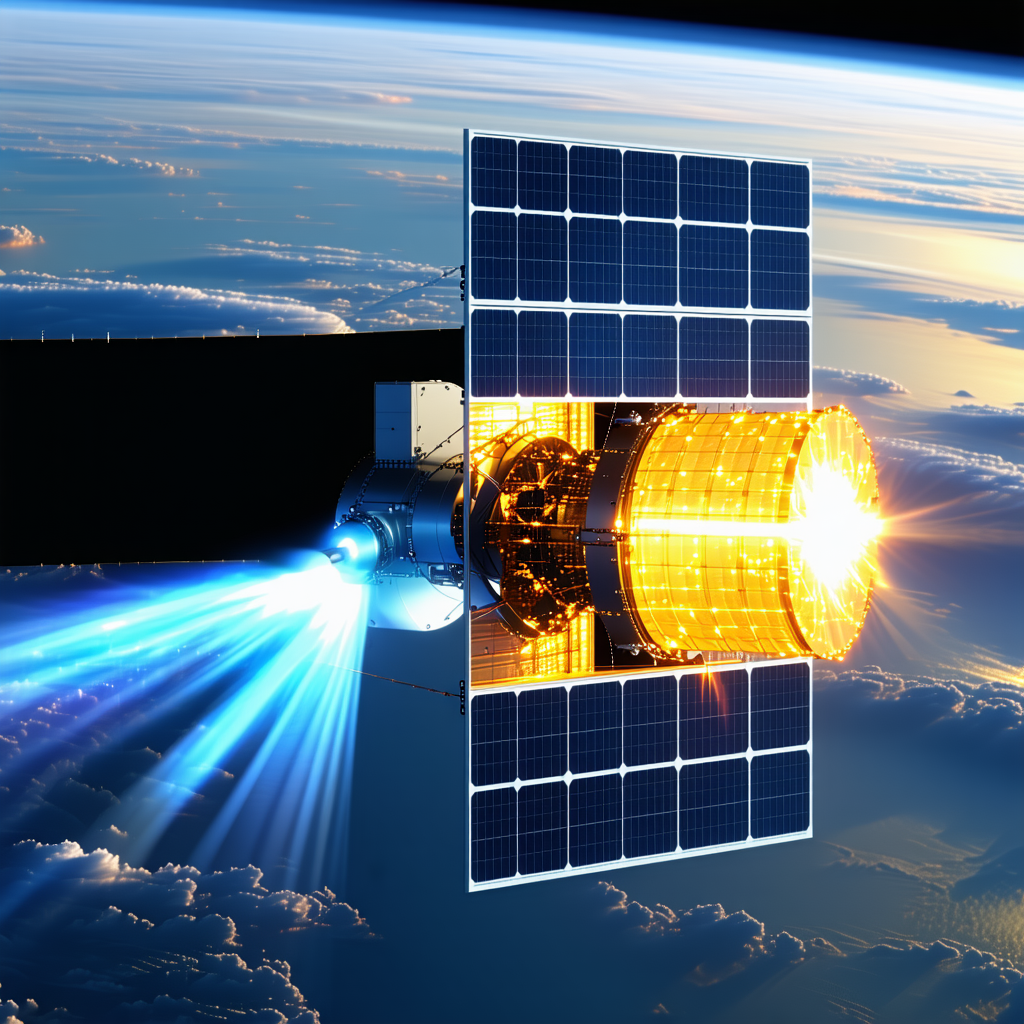 A Spacecraft With A Solar Panel On Its Side, Flying Through The Sky